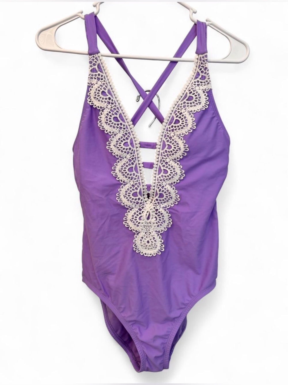 Womens Purple One-Piece Swimsuit with White Lace Trim